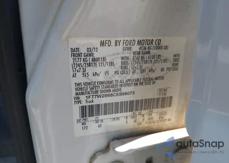 2012 Ford F-250 Xl z USA, uszkodzony, nr VIN 1FT7W2B68CEB66073